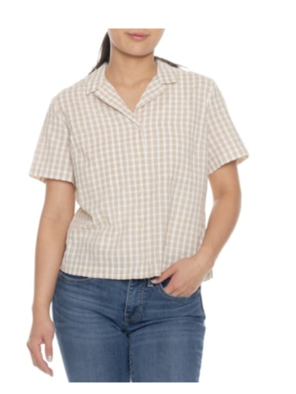 Levi's Women's XS Sonny Camp Shirt Short Sleeve White Plaid Tan NWT 100% Cotton